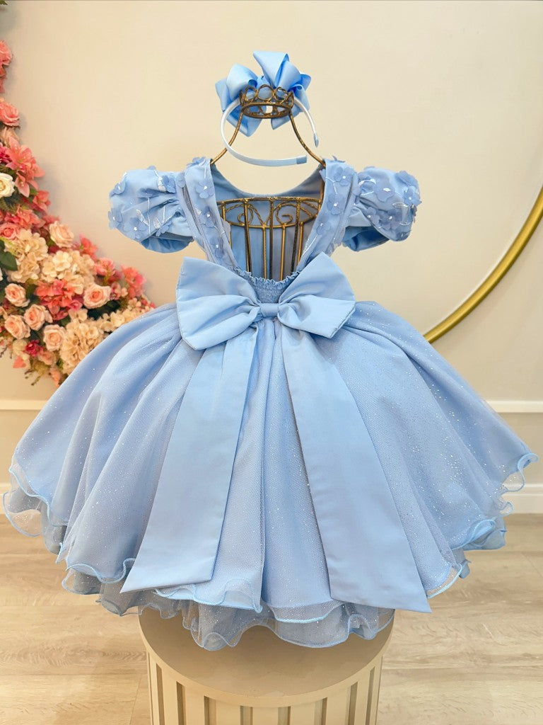 Vestido Infantil Azul Claro em Cetim com Busto Nervurado para Daminhas