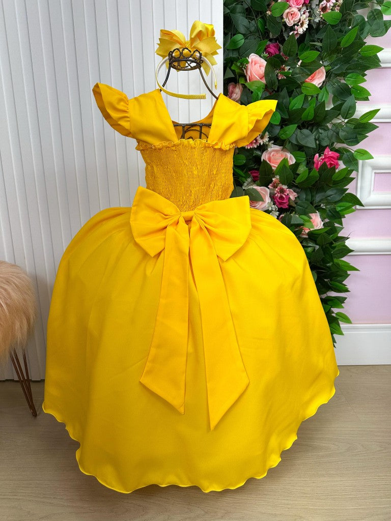 Vestido Infantil Amarelo em Tule com Pérolas e Manga Longa para Festa de Aniversário