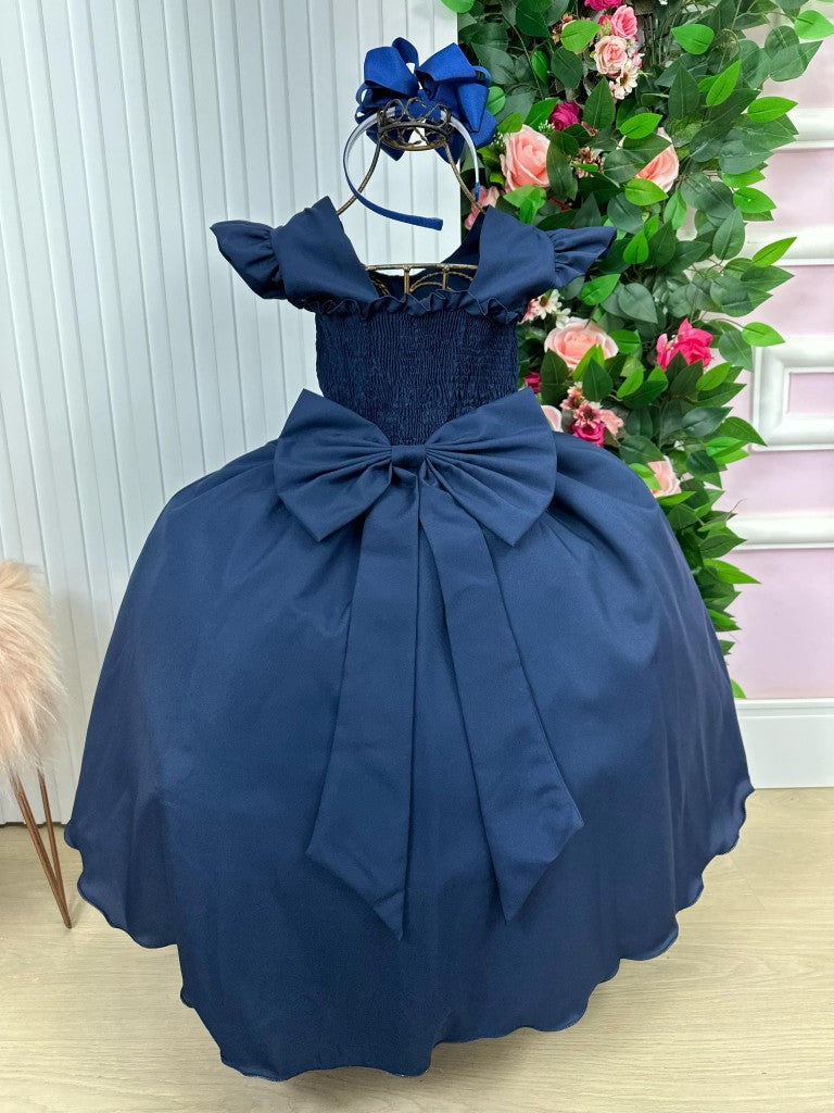 Vestido Infantil Azul Marinho em Tecido Longo com Design Sofisticado para Festas