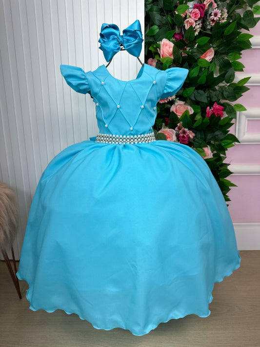 Vestido Infantil Azul Tiffany em Tule com Renda Saia Rodada para Festa de Aniversário