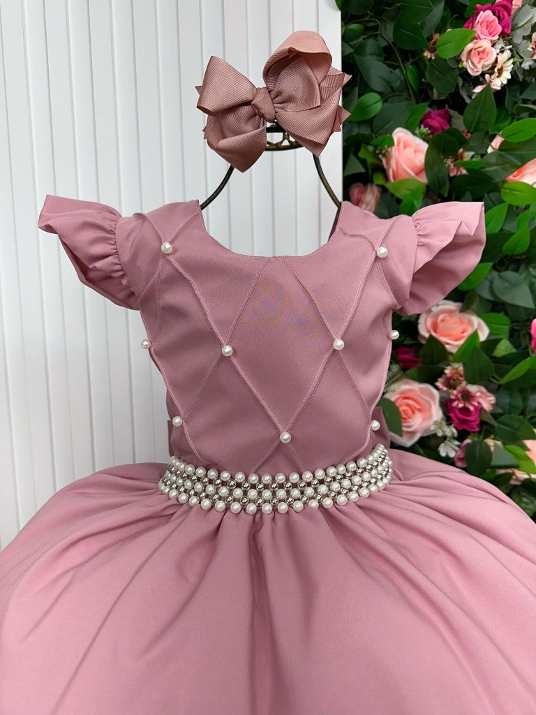 Vestido Infantil Rosê em Poliéster com Brilho Luxuoso para Festa de Aniversário