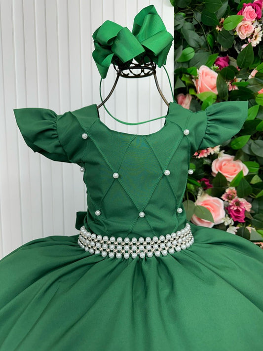 Vestido Infantil Verde Esmeralda em Tule com Pérolas e Laço para Festa de Aniversário