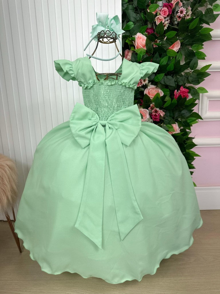 Vestido Infantil Verde Oliva em Tule com Pérolas e Manga para Estilo Princesa