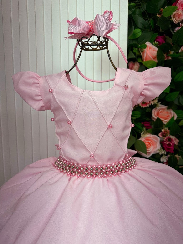 Vestido Infantil Rosa Bebê em Tule com Pérolas e Laço para Festa de Aniversário