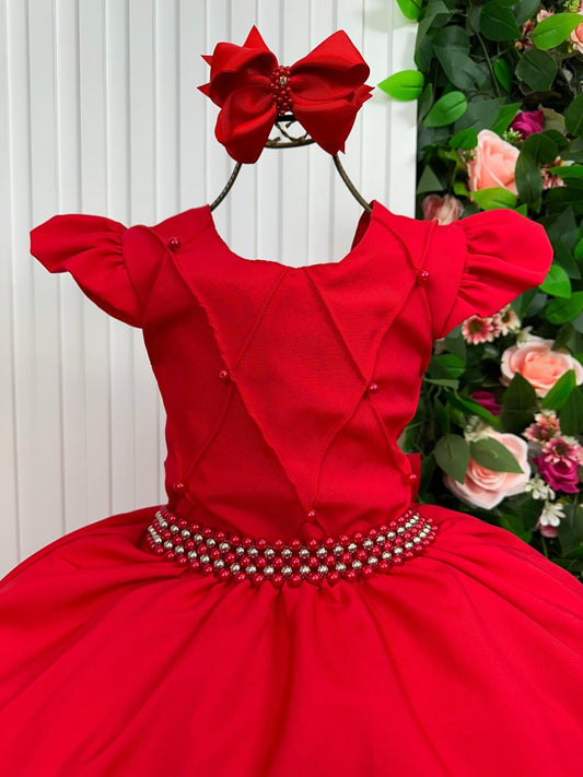 Vestido Infantil Vermelho em Tule com Pérolas e Manga para Festa de Aniversário