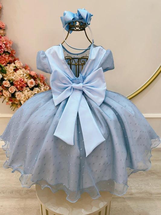 Vestido Infantil Azul Claro em Tule com Pérolas e Saia Rodada para Festa de Aniversário