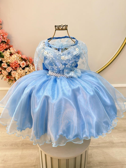 Vestido Infantil Azul em Cetim com Capa Luxuosa e Saia Rodada para Festa de Aniversário