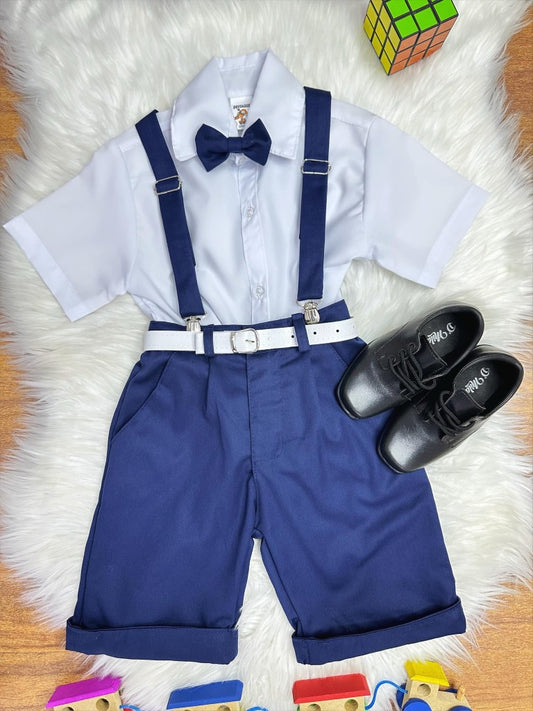 Conjunto Social Infantil Branco em Algodão com Bermuda e Gravata Azul Marinho para Festa