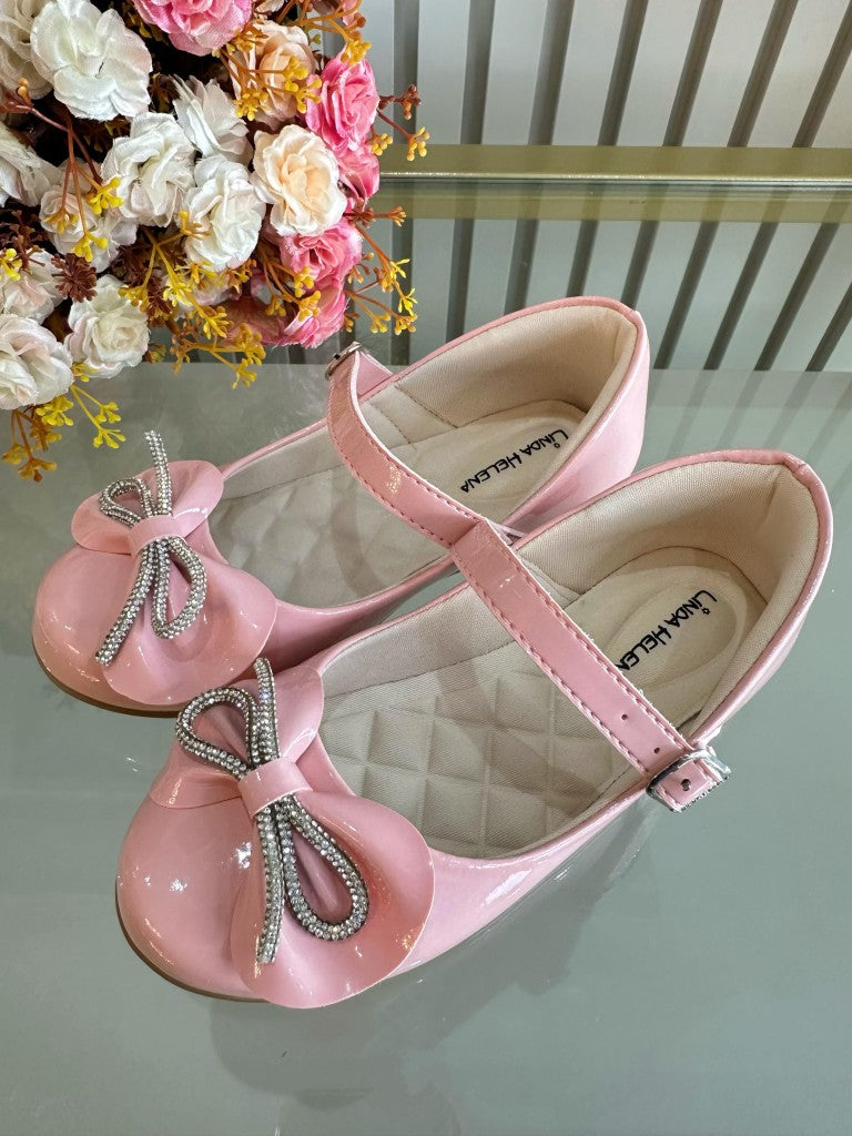 Sapatinho Infantil Rosa Verniz Com Aplique de Lacinho e Strass