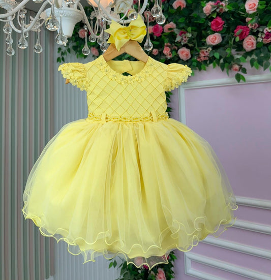 Vestido Infantil Amarelo em Algodão com Laço Elegante para Festa de Aniversário