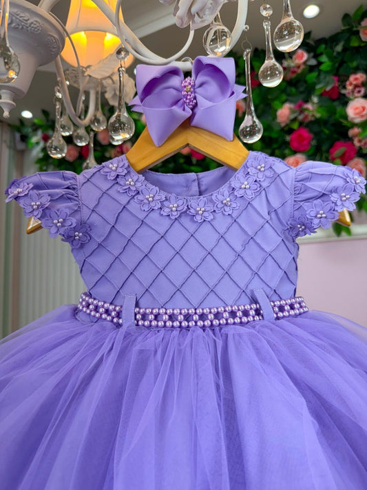 Vestido Infantil Lilás em Tafetá com Tule e Laço Delicado para Festa de Aniversário