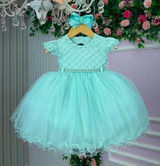 Vestido Infantil Verde Menta em Algodão com Laço Elegante para Daminhas