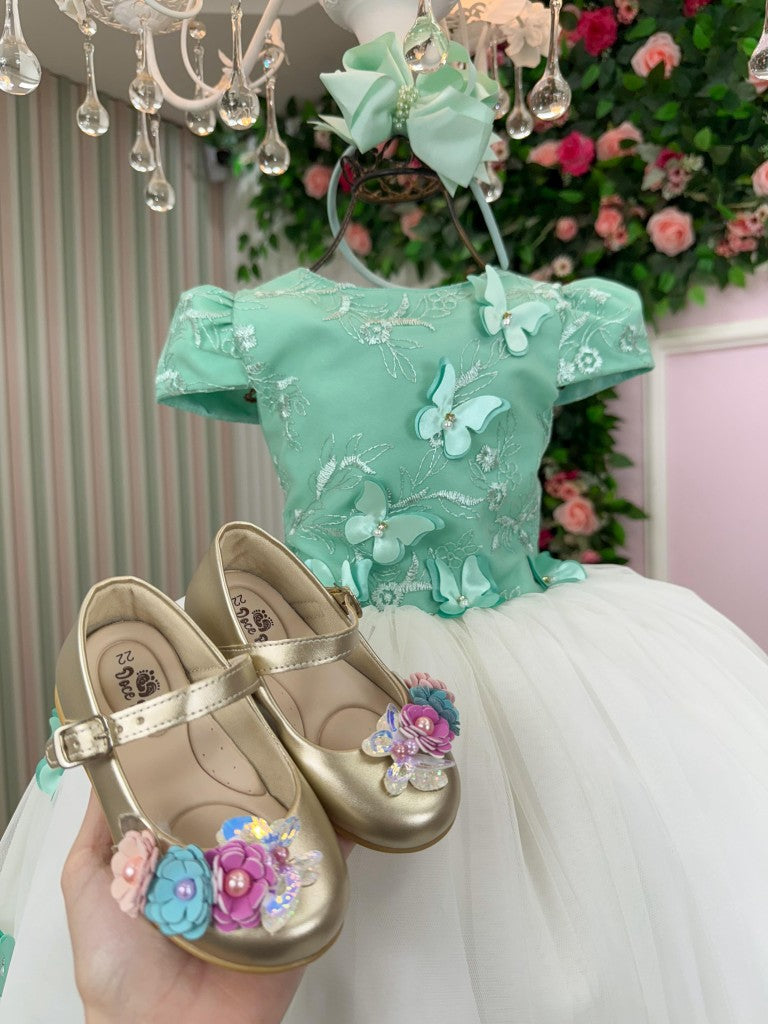 Vestido Infantil Verde Oliva em Tecido Misto com Saia Rodada para Festa de Aniversário