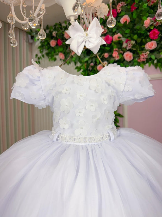 Vestido Infantil Branco em Tafetá com Gola Redonda e Saia Rodada para Festa de Aniversário