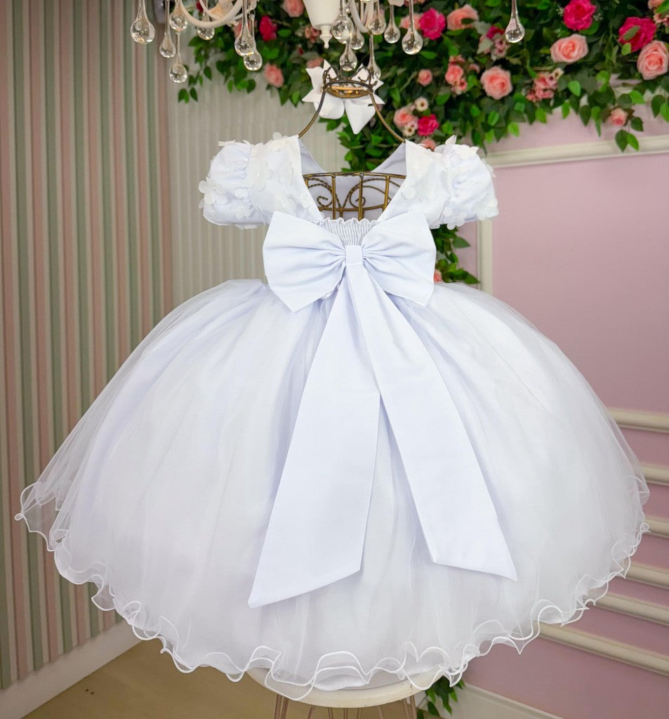Vestido Infantil Branco em Tafetá com Gola Redonda e Saia Rodada para Festa de Aniversário