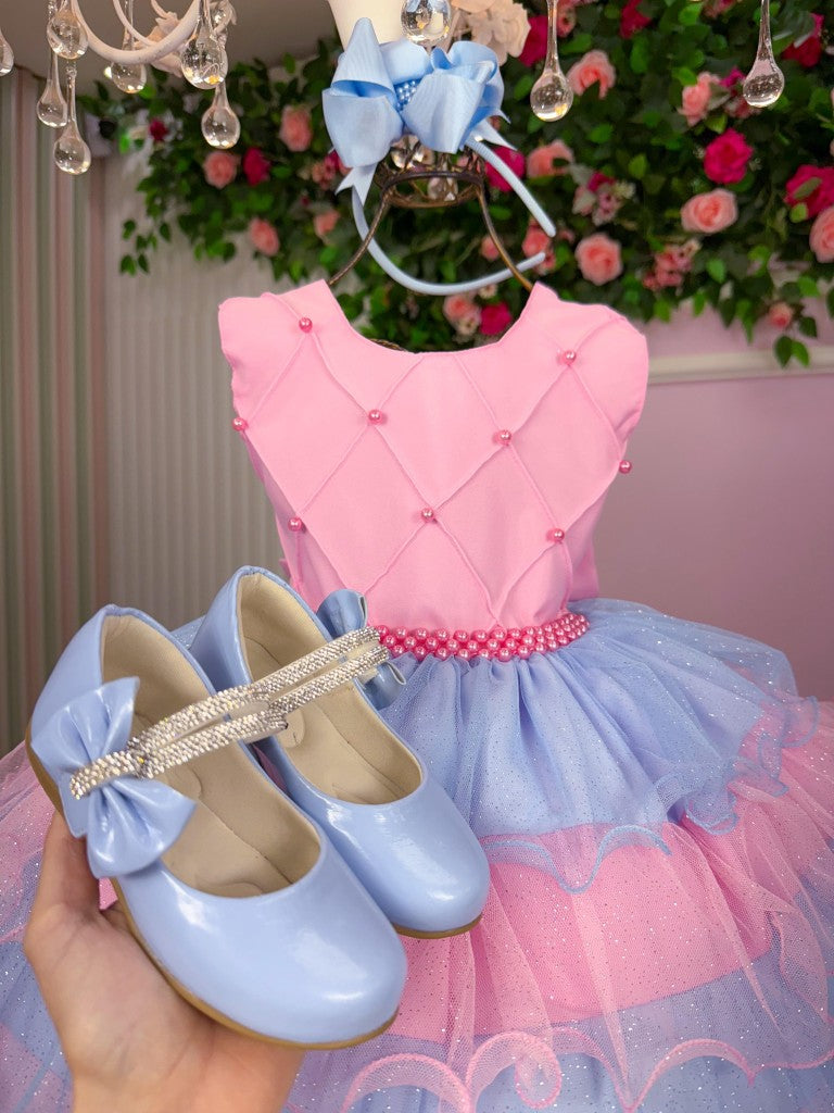 Vestido Infantil Rosa em Poliéster com Babadinho e Gola Redonda para Festa de Aniversário