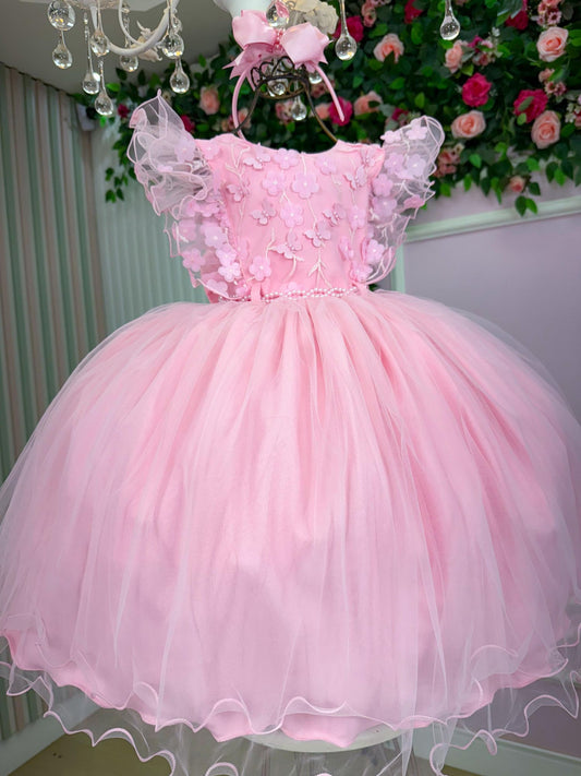 Vestido Infantil Rosa Bebê em Tafetá com Gola Redonda e Elástico para Festa de Aniversário