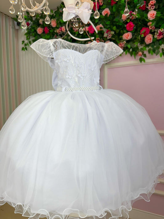 Vestido Infantil Branco em Tafetá com Gola Redonda e Saia Rodada para Daminhas
