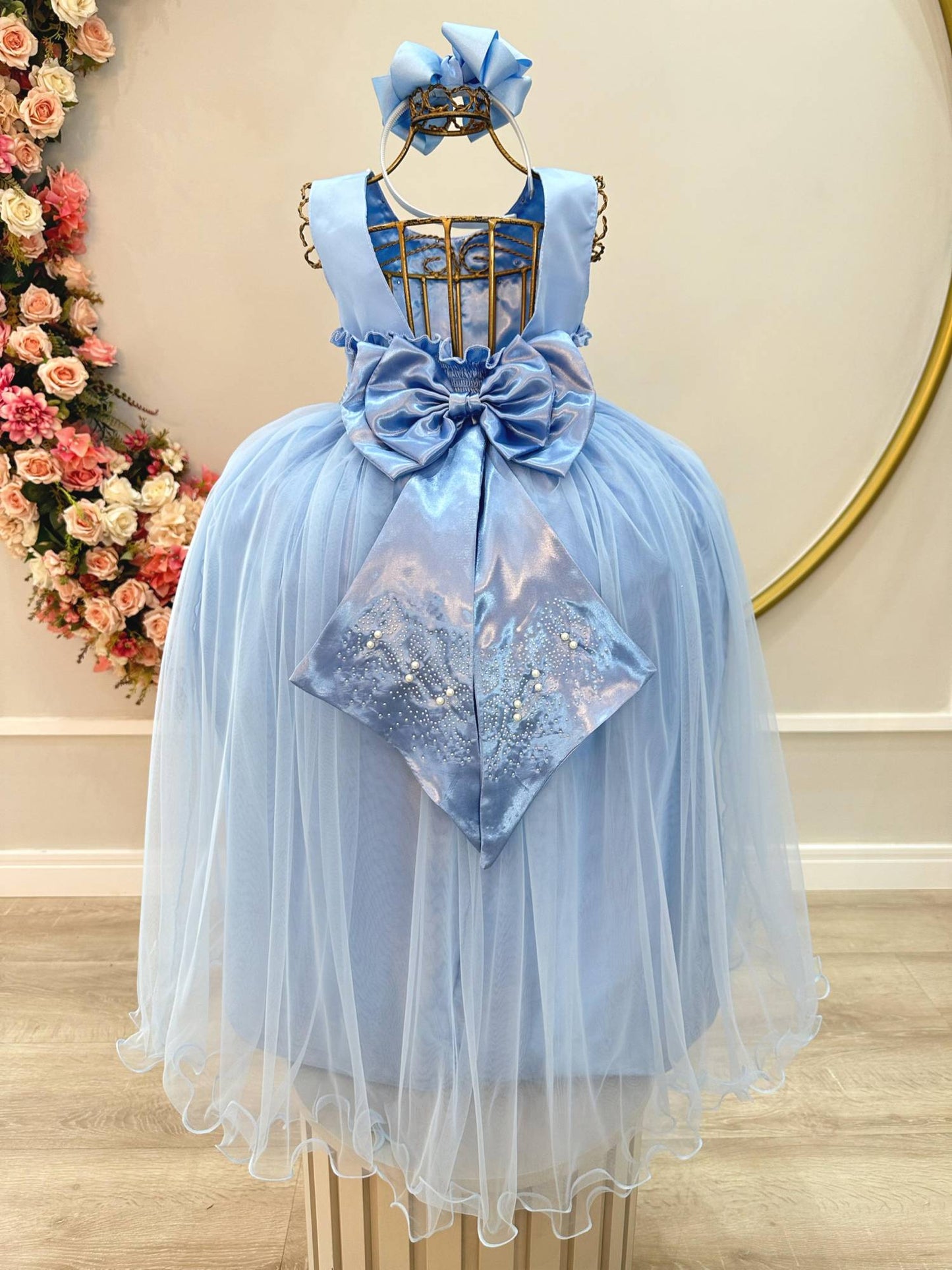 Vestido Infantil Damas de Honra Longo Azul Strass e Pérolas