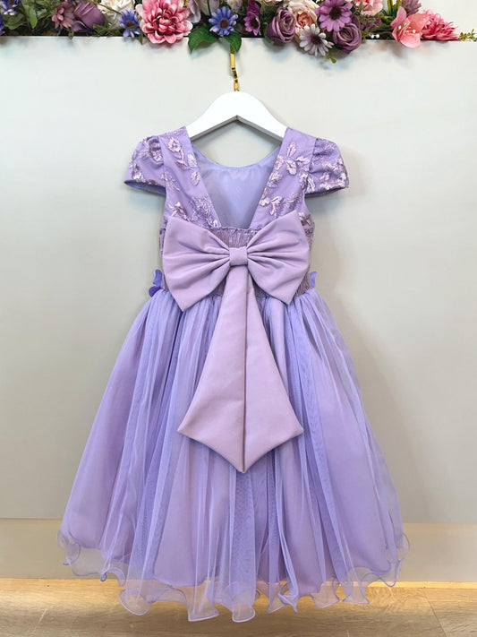 Vestido Infantil Lilás Apliques Flores e Borboletas Festas