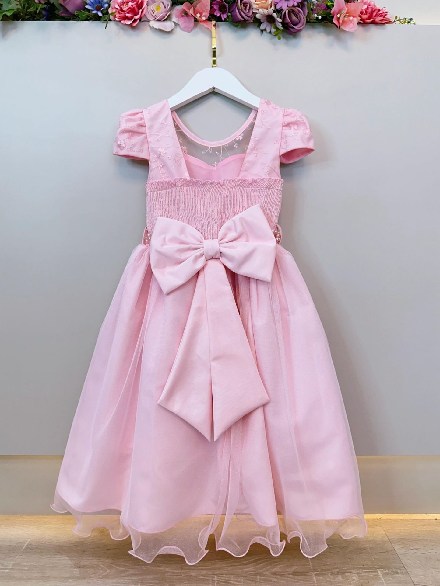 Vestido Infantil Rosa Claro C/ Renda e Pérolas Festas Daminhas