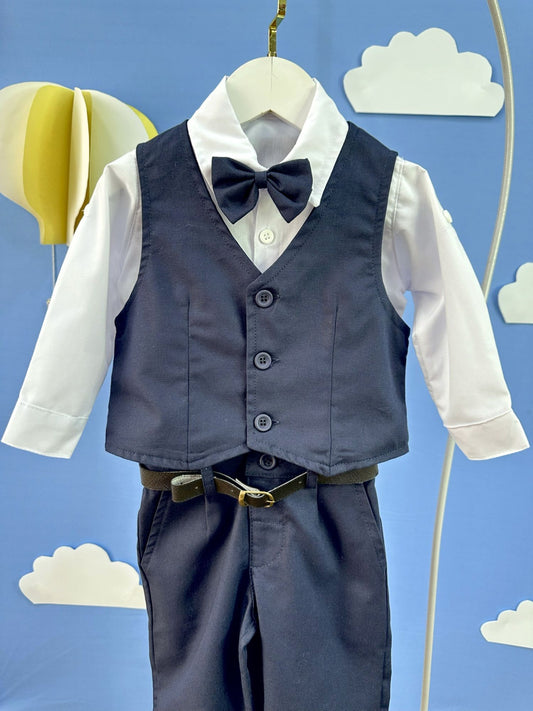 Conjunto Social Bebê Calça Colete Azul Escuro e Camisa Branca