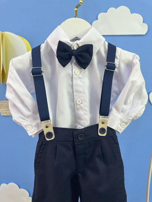 Conjunto Social Bebê Calça Susp. Azul Escuro e Camisa Branca