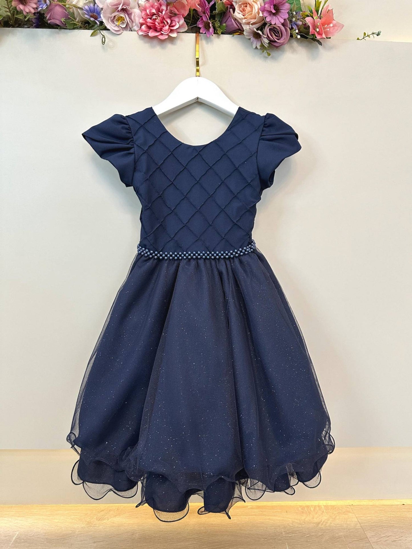 Vestido Infantil Azul Marinho C/ Busto Nervura Festas