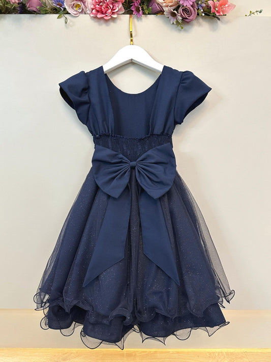 Vestido Infantil Azul Marinho C/ Busto Nervura Festas