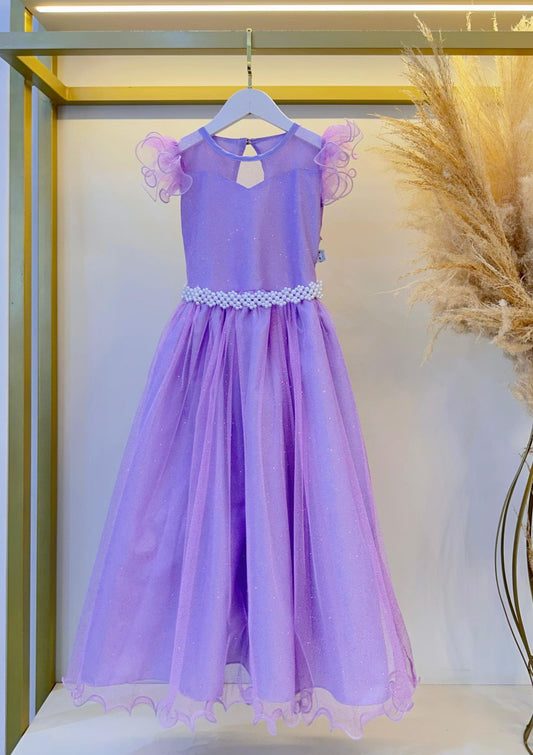 Vestido Infantil Longo Lilás Daminhas de Honra C/ Glitter