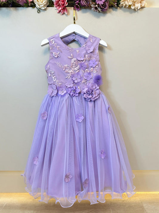 Vestido Infantil Lilás C/ Renda e Aplique de Flores Daminha