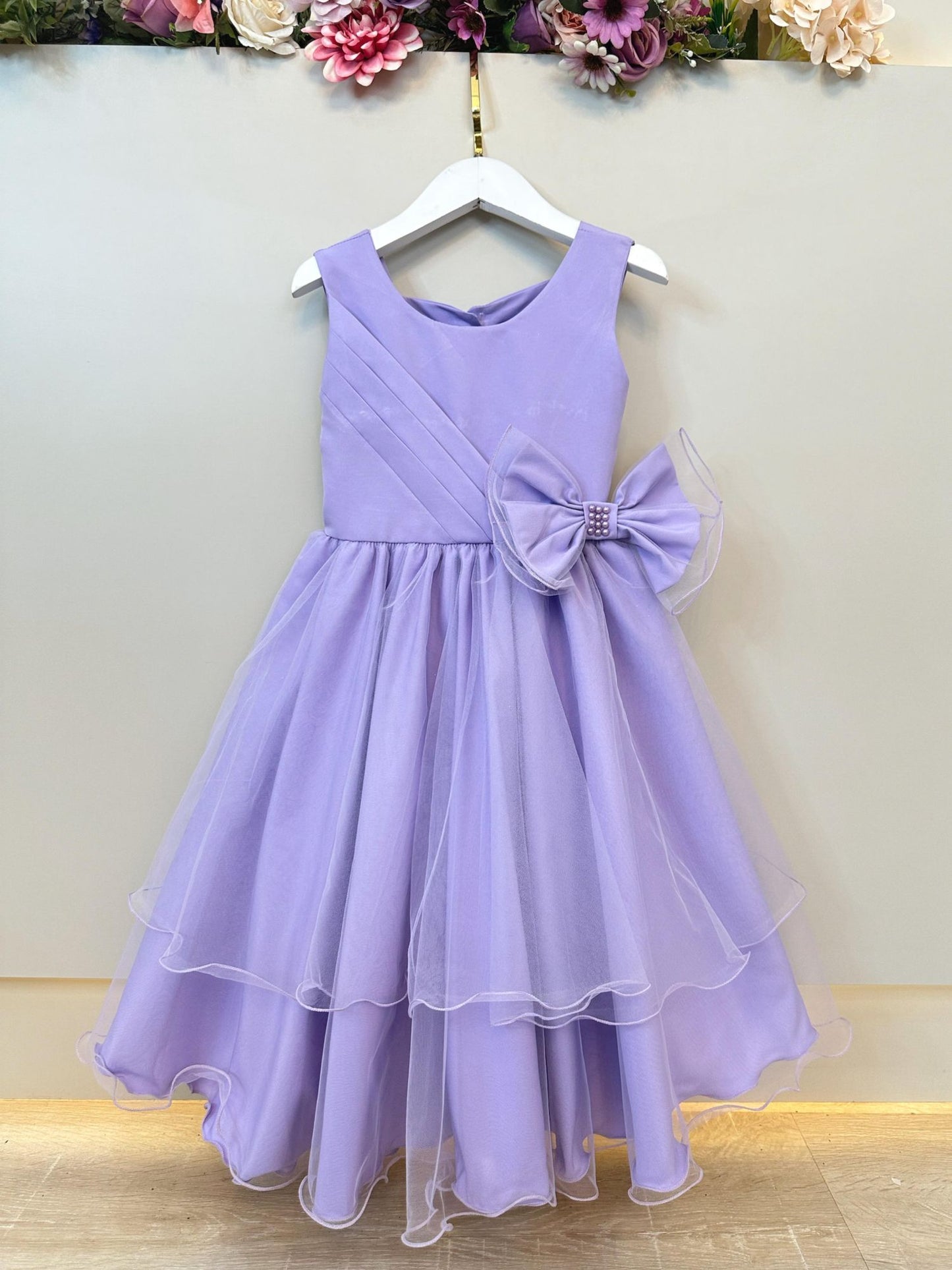 Vestido Infantil Lilás Busto Drapeado Aplique Laço Damas