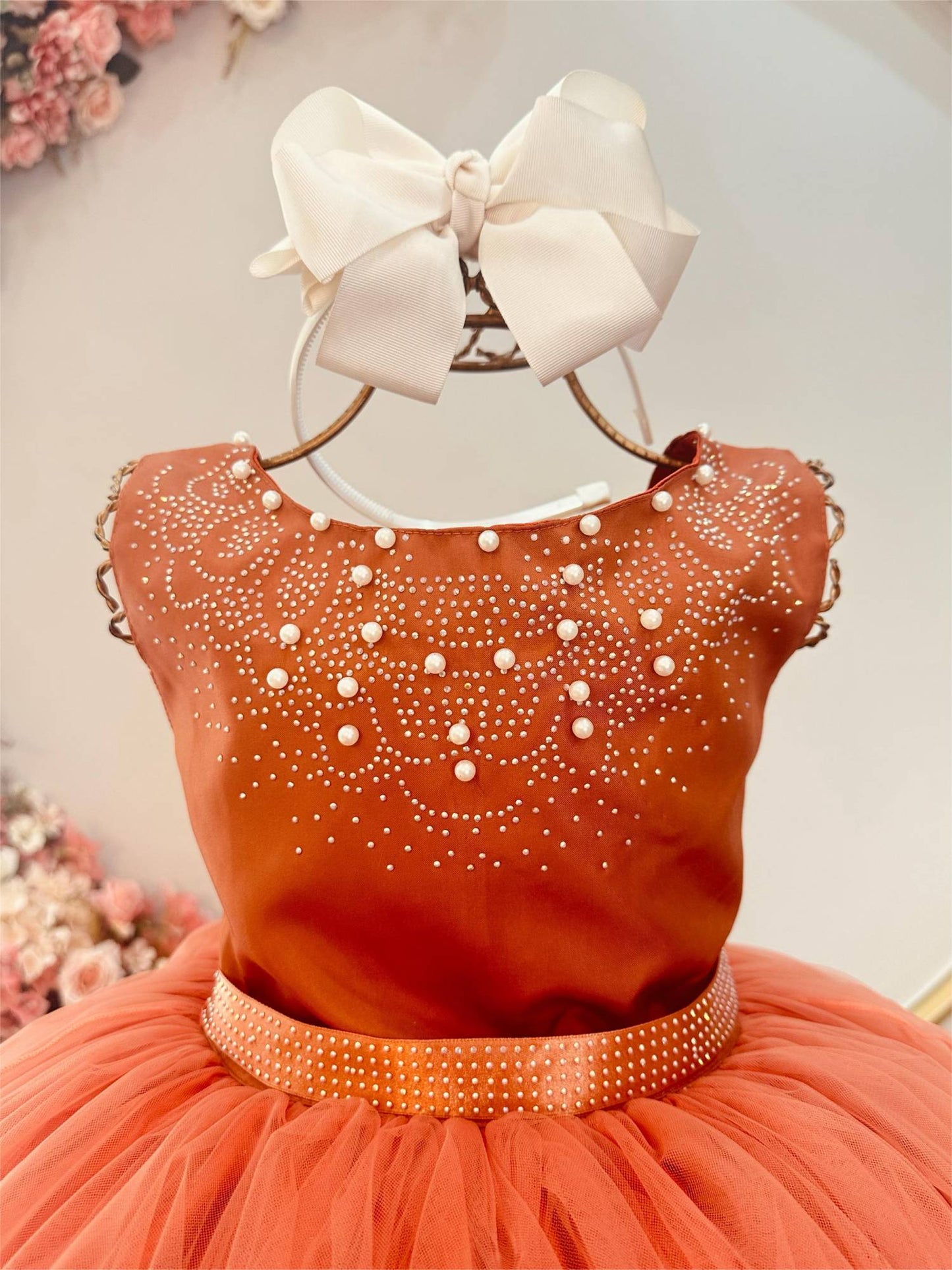 Vestido Infantil Damas de Honra Longo Terracota Strass Pérolas