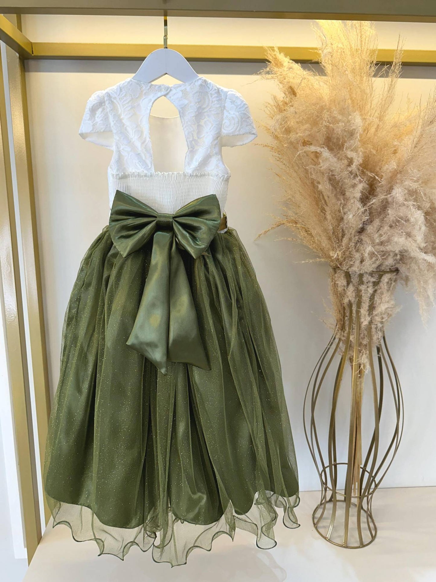 Vestido Infantil Off White Saia Verde Oliva Daminha Longo