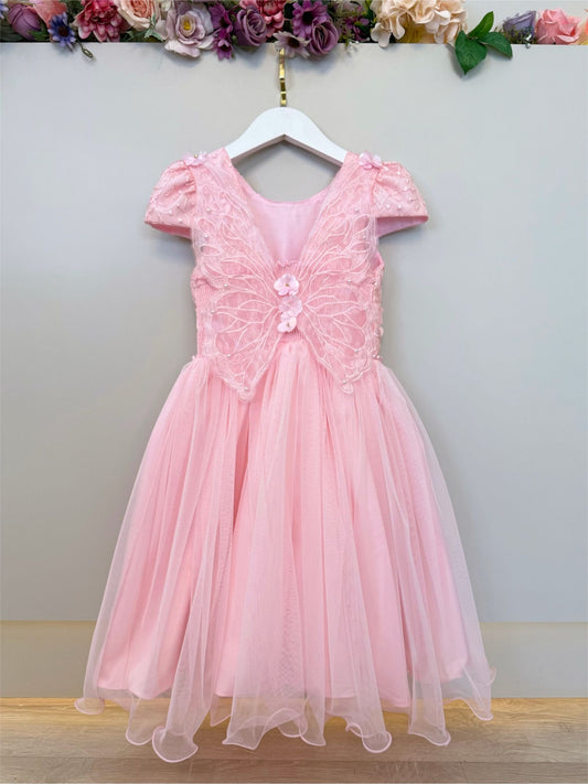 Vestido Infantil Rosa C/ Apliques Borboletas Festas Luxo