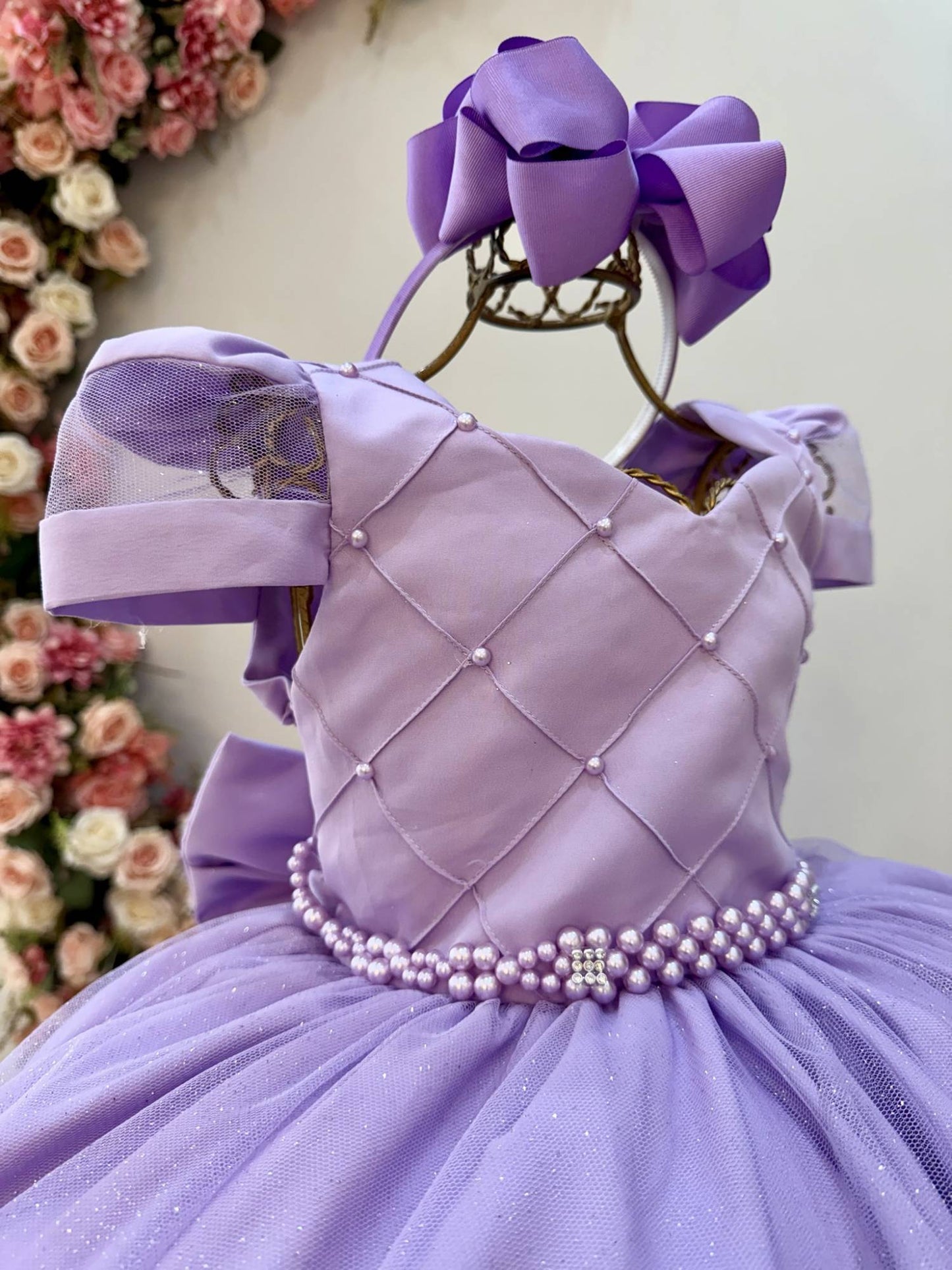 Vestido Infantil Longo Lilás Busto Nervura C/ Pérolas Damas