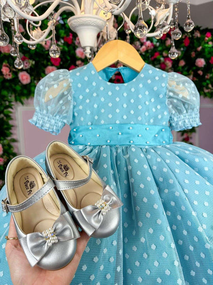 Vestido Infantil Azul Tiffany em Tecido Misto com Gola Redonda e Laço nas Costas para Festa de Aniversário
