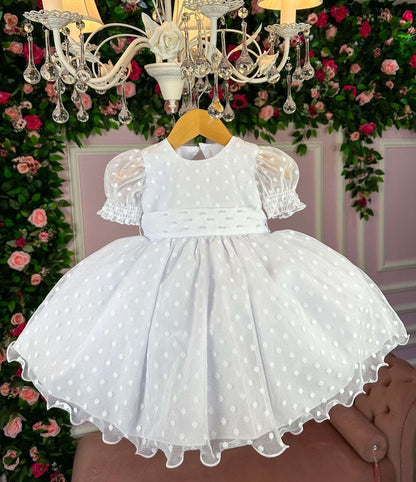 Vestido Infantil Branco em Tecido Misto com Laço nas Costas para Festa de Aniversário