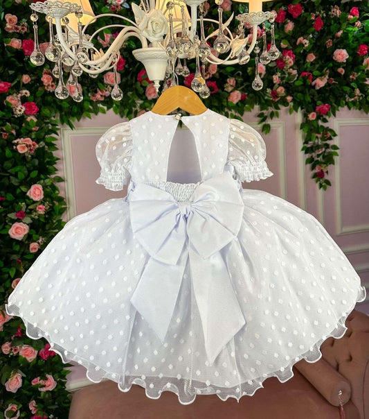 Vestido Infantil Branco em Tecido Misto com Laço nas Costas para Festa de Aniversário