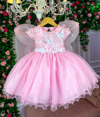 Vestido Infantil Rosa Bebê em Tecido Misto com Borboleta Branca, Saia Rodada, L