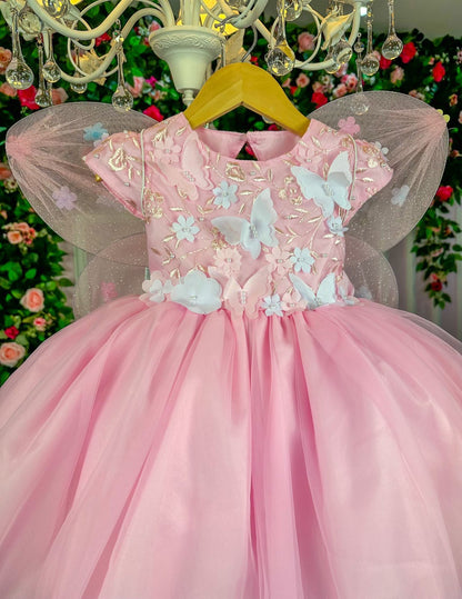 Vestido Infantil Rosa Bebê em Tecido Misto com Borboleta Branca, Saia Rodada, L