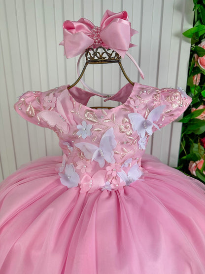 Vestido Infantil Rosa Bebê em Tecido Misto com Borboleta Branca, Saia Rodada, L