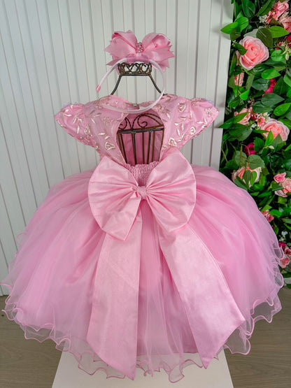 Vestido Infantil Rosa Bebê em Tecido Misto com Borboleta Branca, Saia Rodada, L
