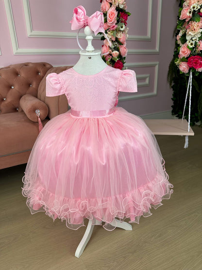 Vestido Infantil Rosa Bebê em Cetim com Babadinho