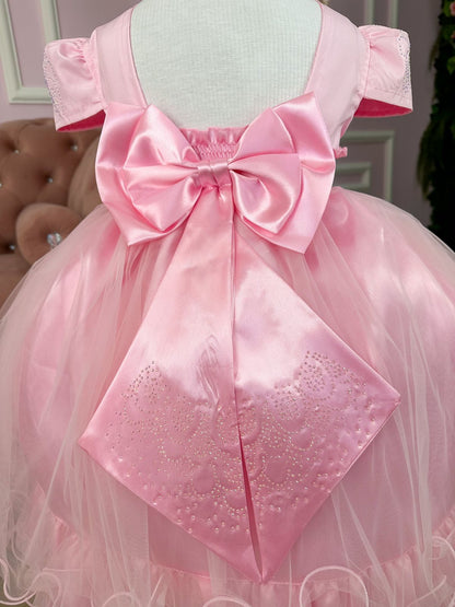 Vestido Infantil Rosa Bebê em Cetim com Babadinho