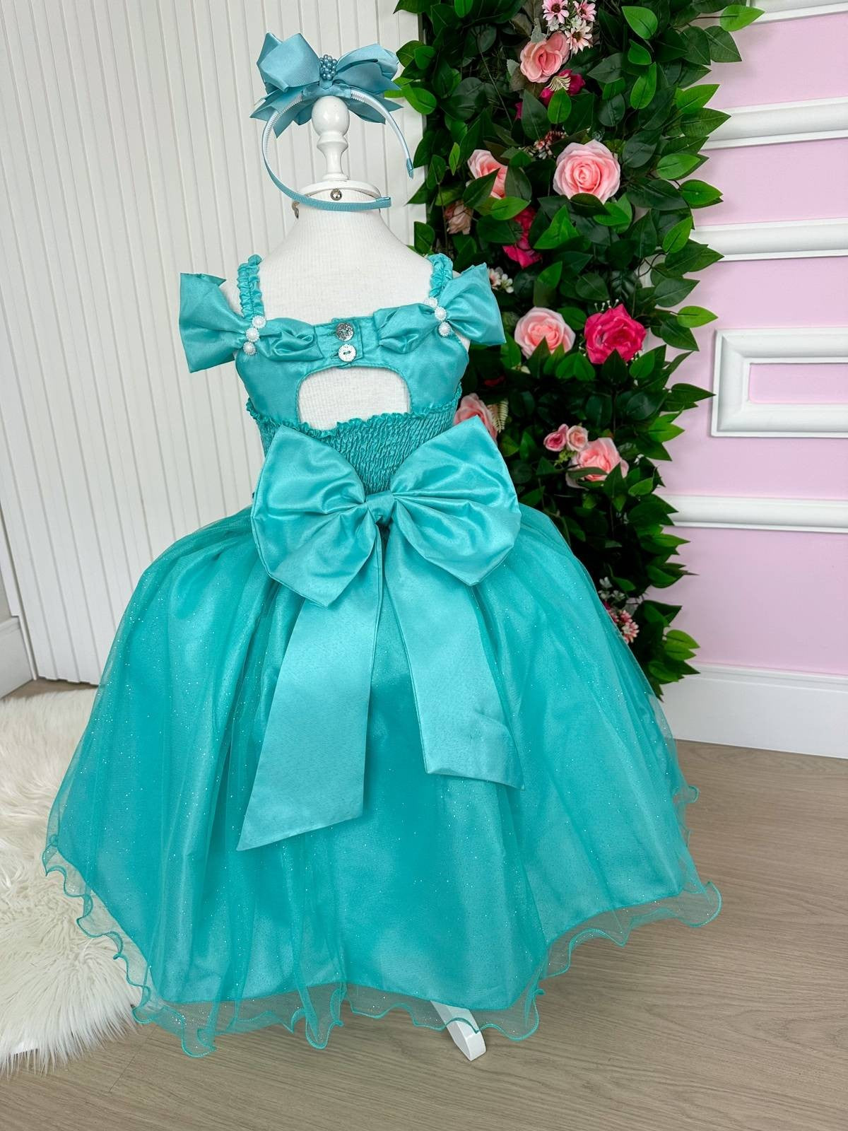 Vestido Marie Longo Manga Princesa Verde Tiffany