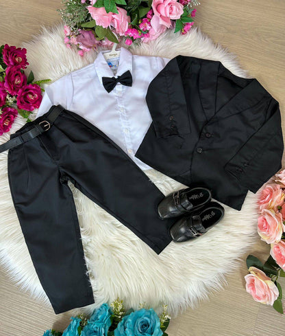 Conjunto Social Infantil Preto em Poliéster com Camisa Branca e Gravata Borboleta para Festa