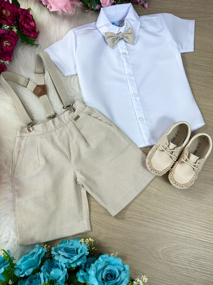 Conjunto Social Infantil Marrom em Algodão com Gravata Borboleta e Colete para Casamento