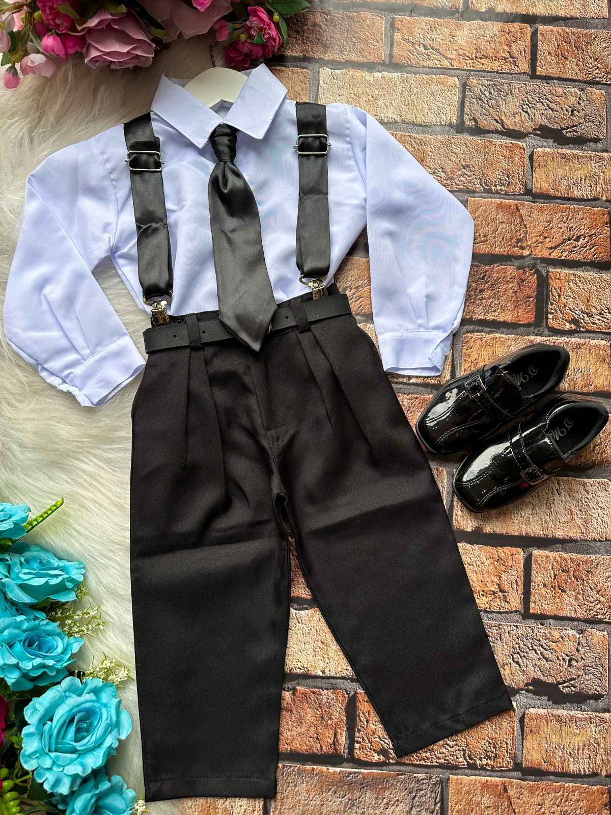 Conjunto Social Infantil Preto em Microfibra com Suspensório de Cetim para Casamento