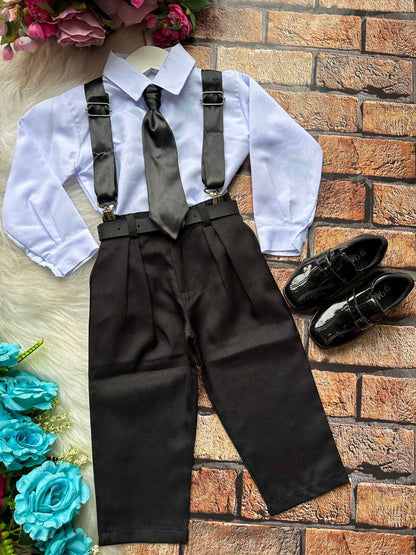 Conjunto Social Infantil Preto em Microfibra com Suspensório de Cetim para Casamento